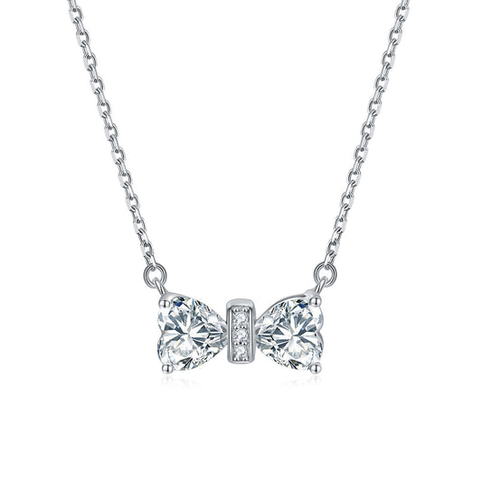 Double Heart Zircon Bow Pendant Silver Necklace for Women