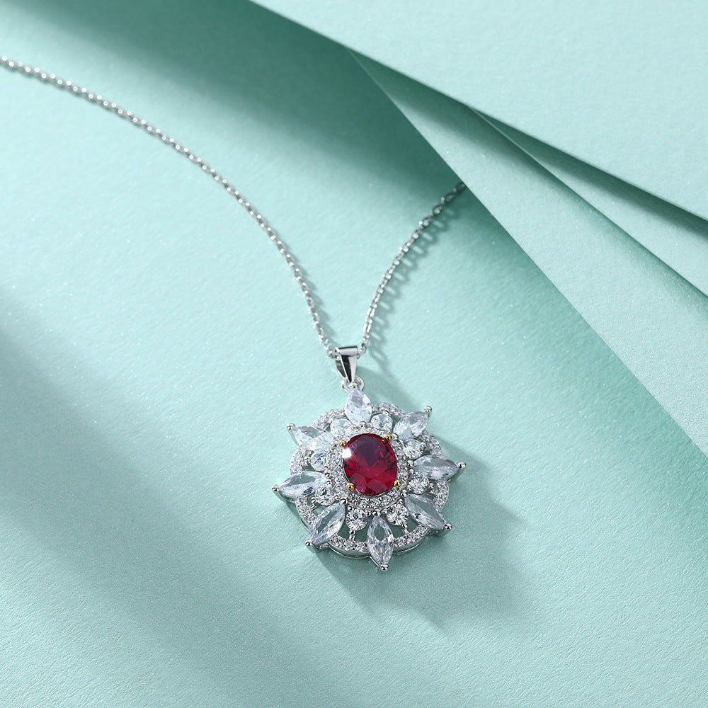Oval Red Zircon Octagonal Flower Pendant Silver Necklace for Women