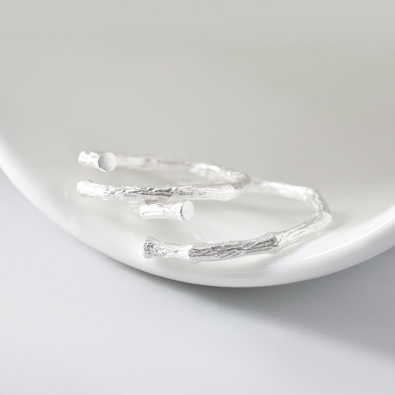Bamboo Branch Texture Silver Couple Ring for Women