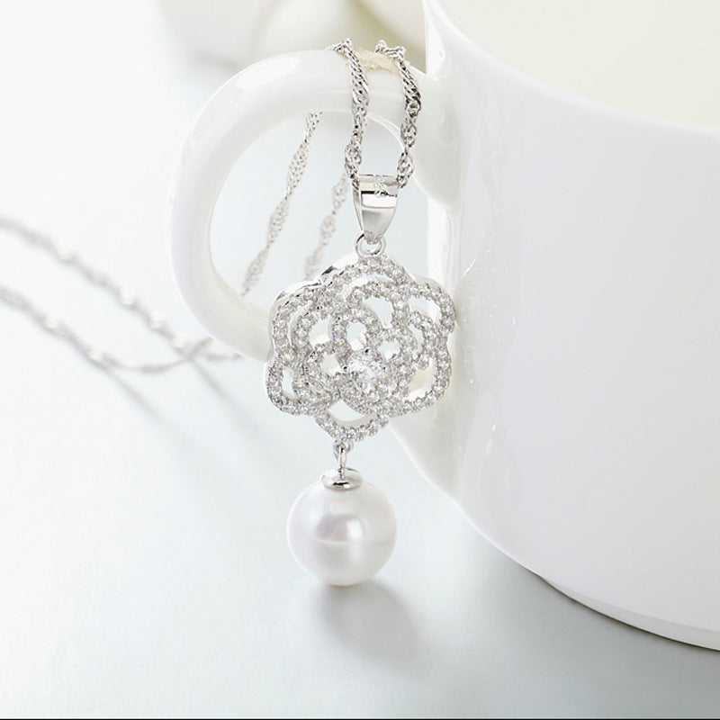 (Pendant Only) Zircon Flower with Pearl Silver Pendant for Women