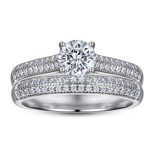 Round Zircon Four Prongs Cathedral Silver Ring Set for Women