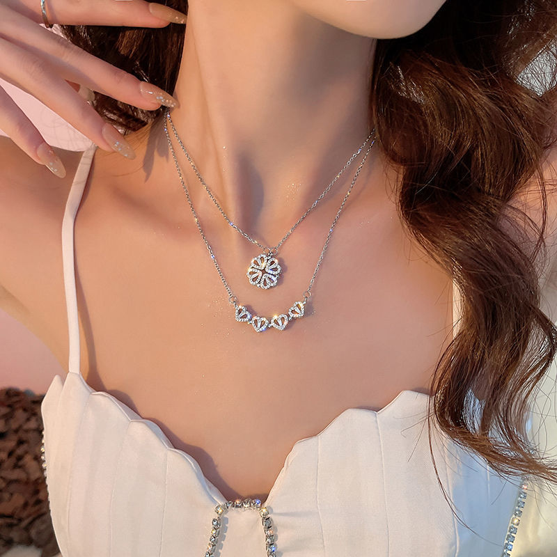Two-wearing Design Zircon Lucky Clover Silver Necklace for Women