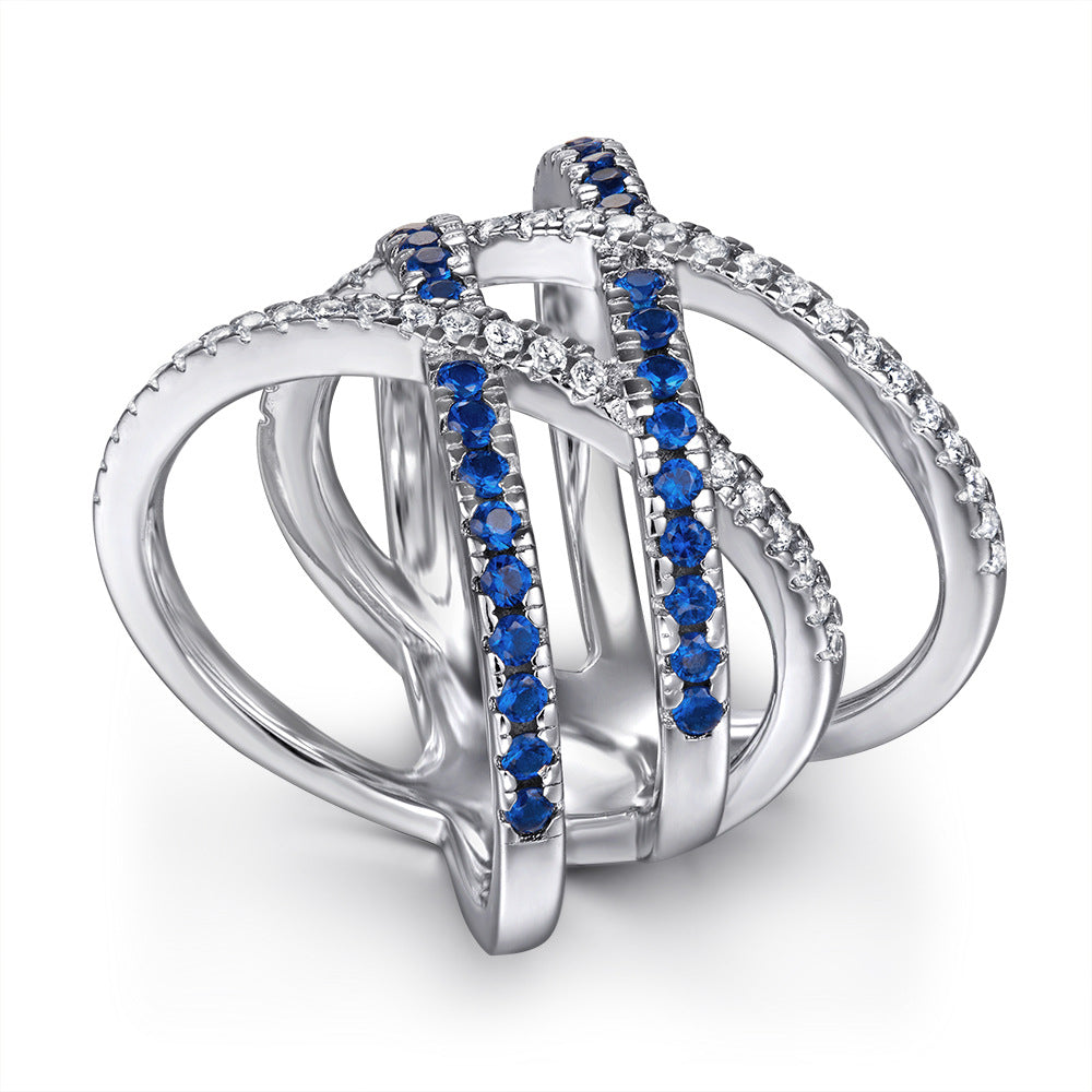 Double X-shape with Blue Zircon Silver Ring for Women