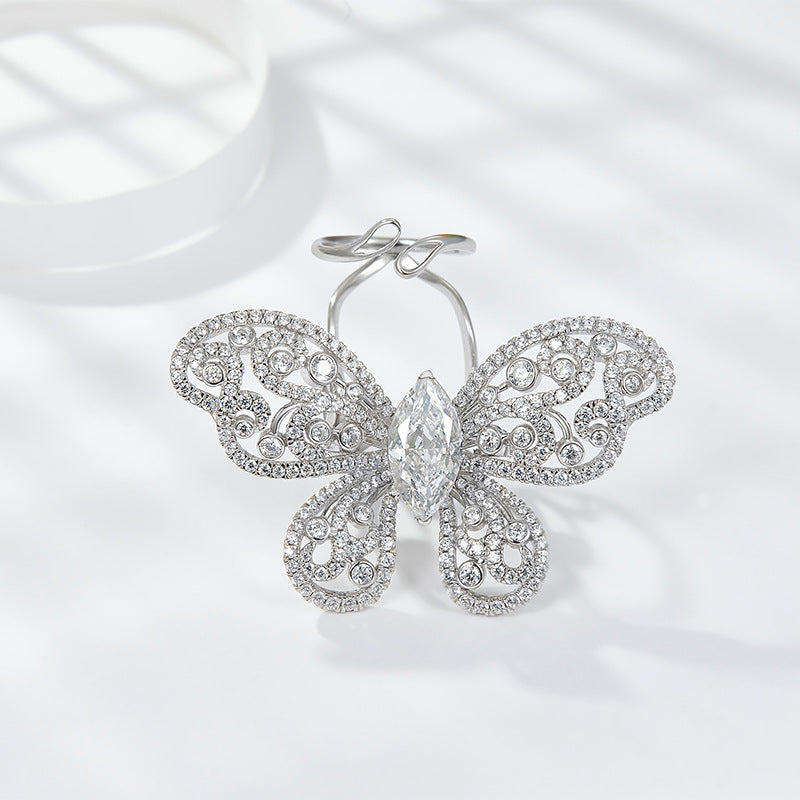 White Zircon Marquise Ice Cut Active Butterfly Luxurious Silver Ring for Women