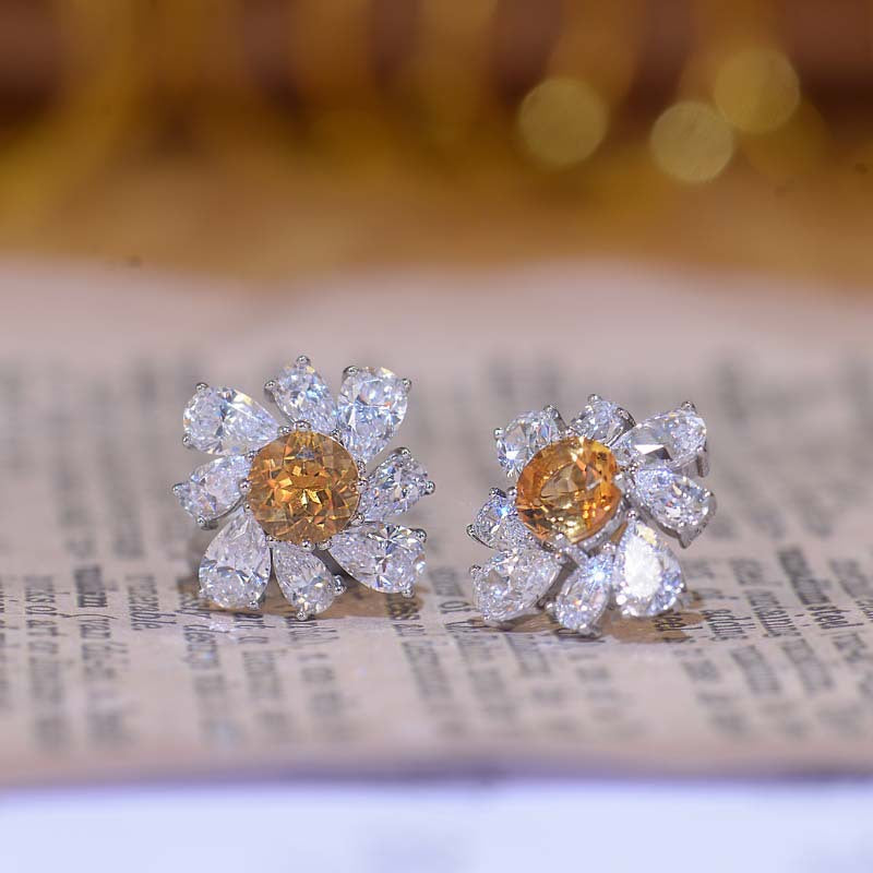 (1.0CT)  Natural Yellow Crystal 6.5mm Round Cut Annular Petals Silver Studs Earrings for Women