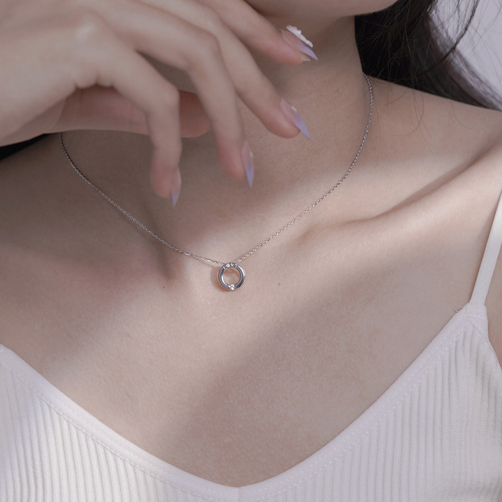 (Two Colours) White Zircon Love Circle Ring Pendants 925 Silver Collarbone Necklace for Women