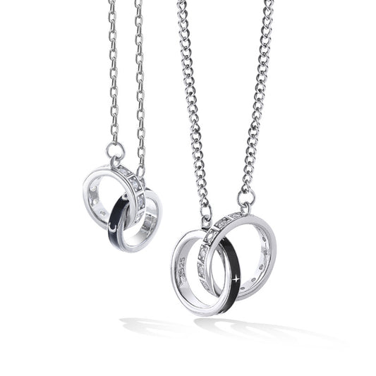 Double Circle Buckle Black Star Moon and Zircon Silver Couple Necklace for Women