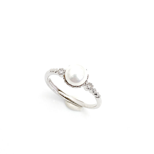 Round Pearl with Zircon Silver Ring