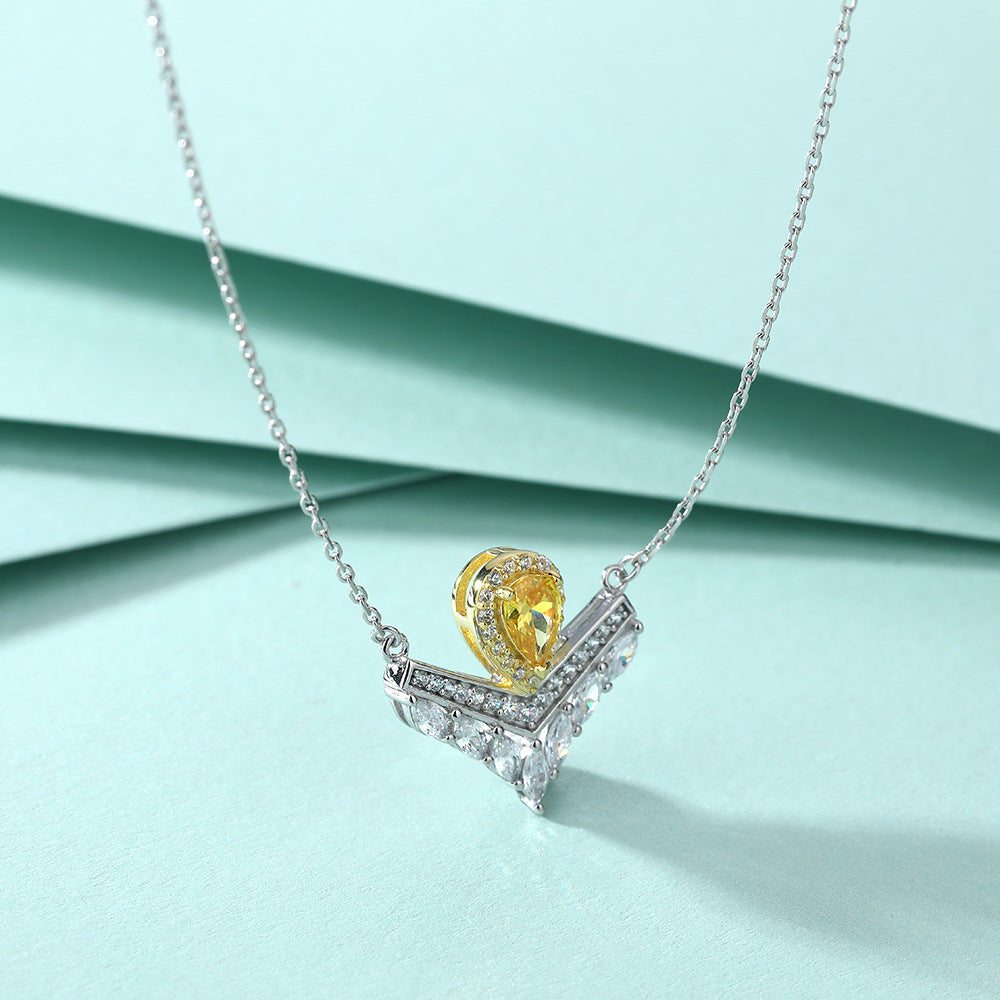 Yellow Pear Drop Zircon V-shaped Pendant Silver Necklace for Women