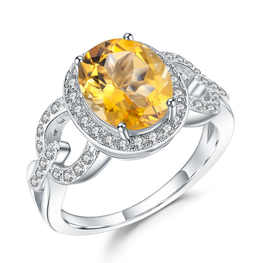 European Retro Design Luxurious Natural Yellow Crystal Soleste Halo Oval Silver Ring for Women