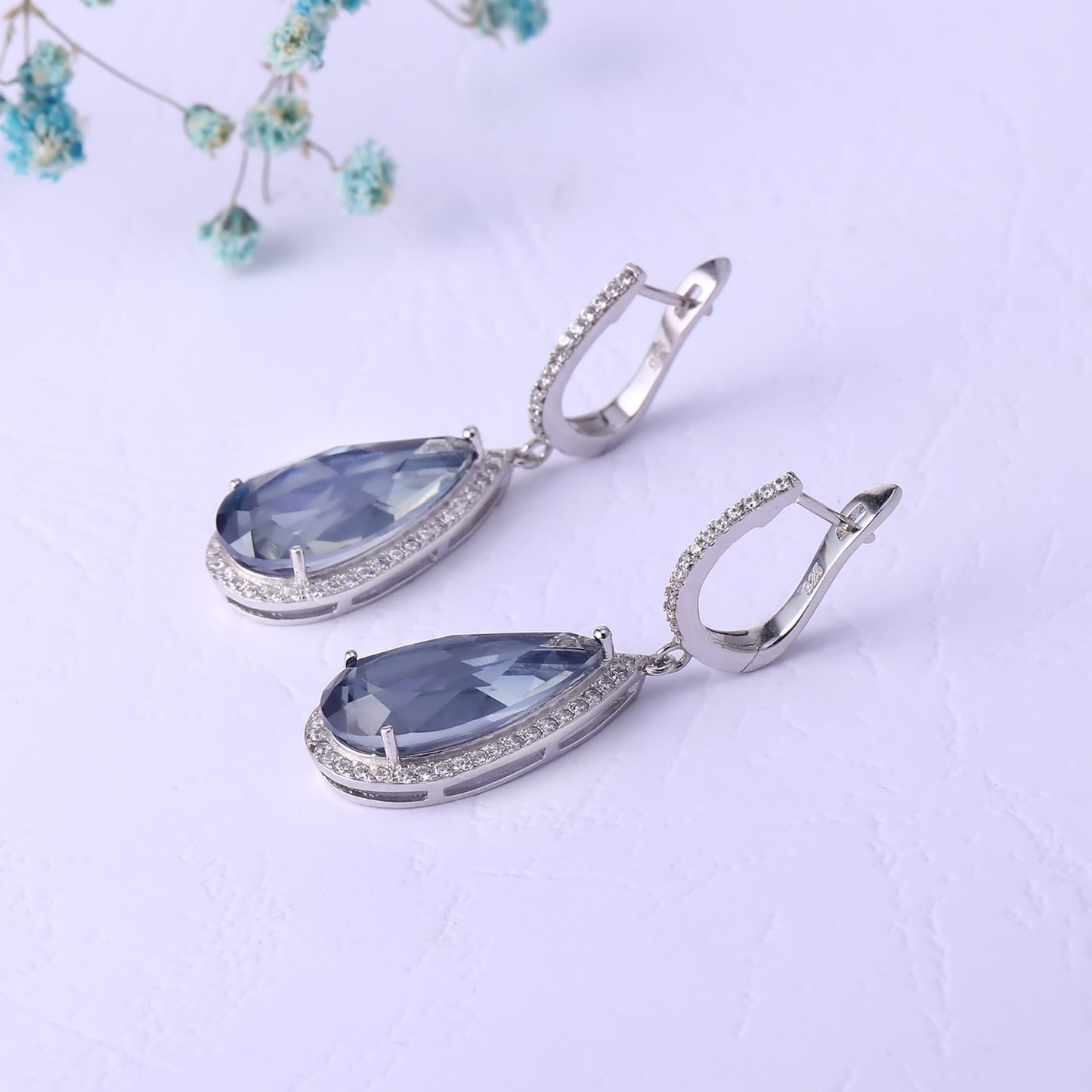 Fashion Luxury Style Inlaid Crystal Classic Soleste Halo Pear Shape Silver Drop Earrings for Women