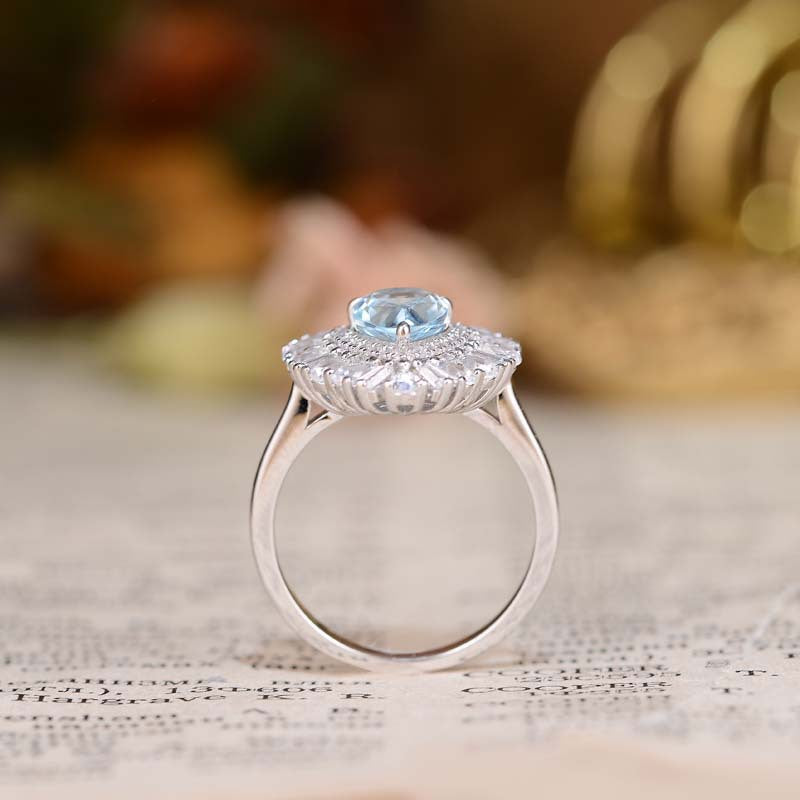 Sky Blue Natural Topaz 6*9mm Water Droplet Soleste Halo Silver Ring for Women