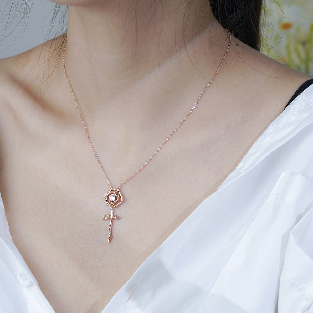 (Three Colours) White Zircon Rose Pendants 925 Silver Collarbone Necklace for Women