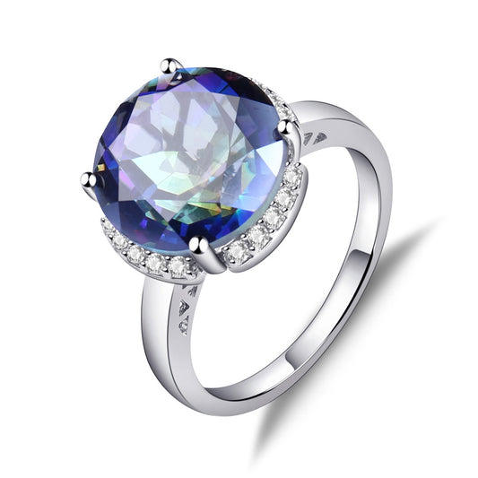 Luxury Colurful Blue Crystal Fashion Round Cut Silver Ring for Women