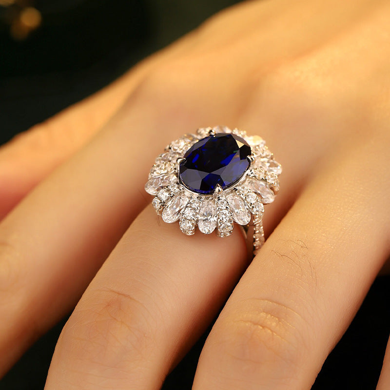 Lab-Created Sapphires Oval Ice Cut Soleste Halo Silver Ring Princess Diana Kate for Women