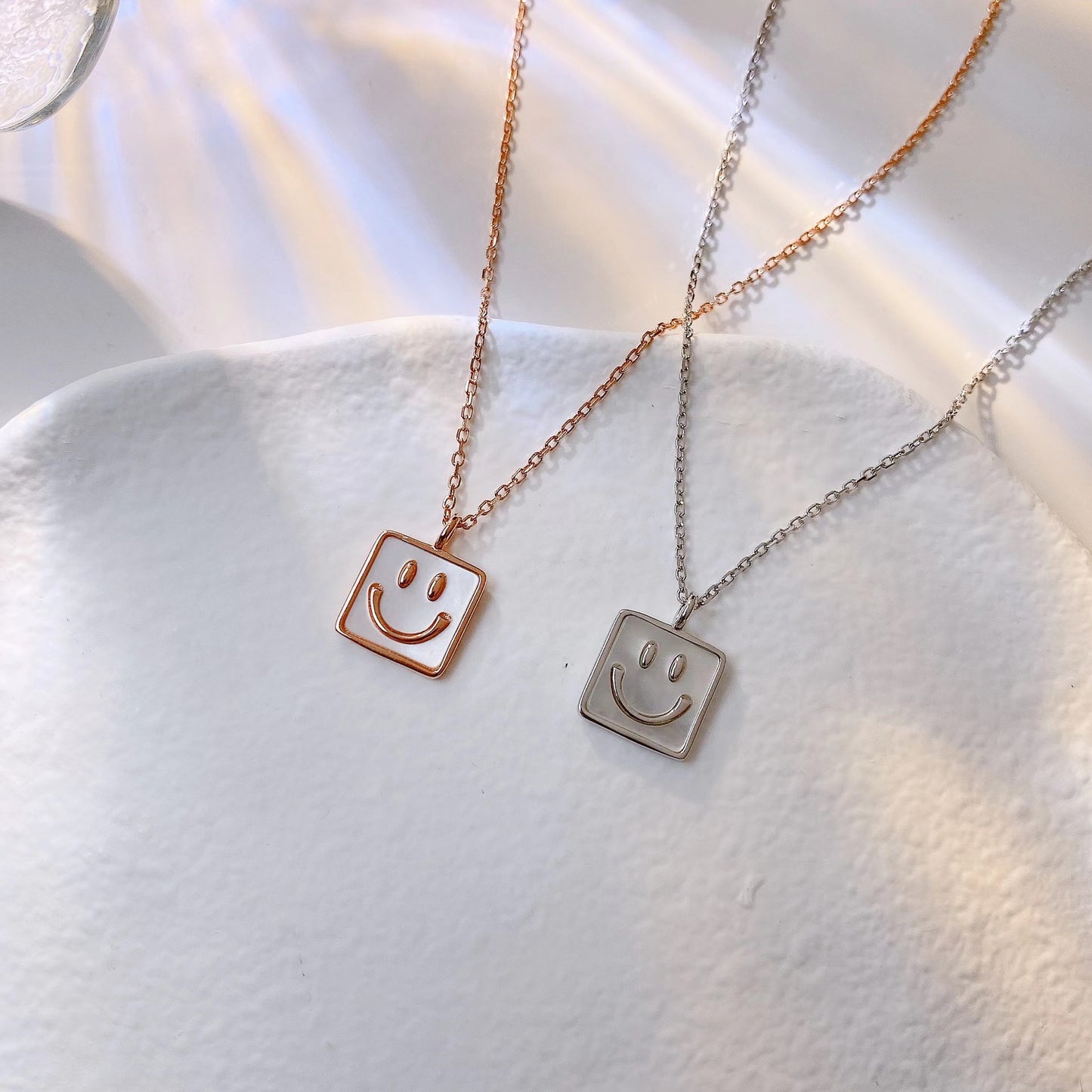 Smiley Face Square Pendant Silver Necklace for Women