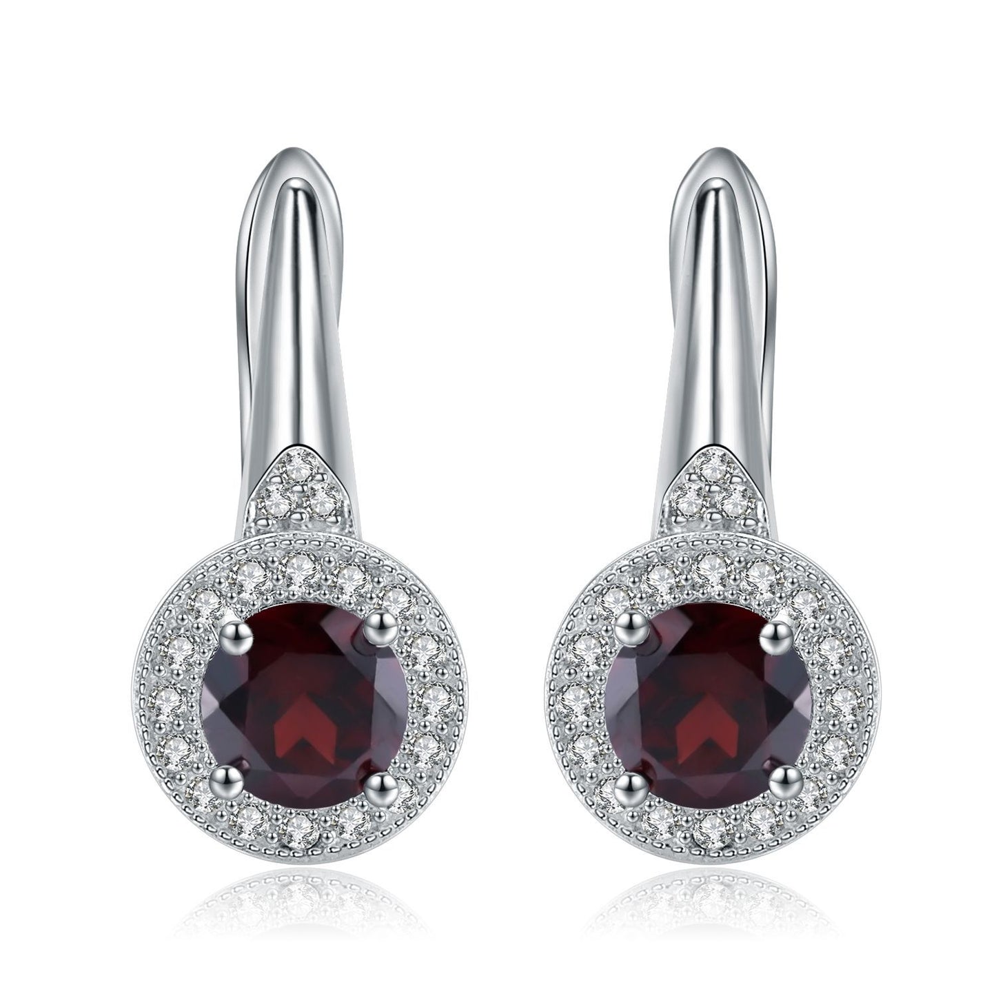 European Vintage Style Inaid Natural Garnet Soleste Halo Round Cut Silver Studs Earrings for Women
