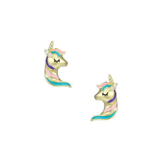 Colourful Unicorn with Zircon Silver Studs Earrings for Women