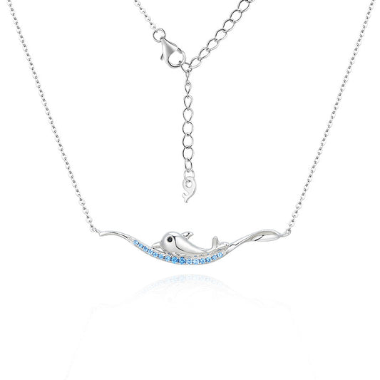 Swimming Dolphin with Blue Zircon Silver Necklace for Women