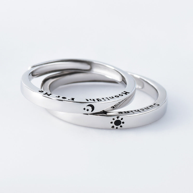 Letters with Sun and Moon Pattern Silver Couple Ring for Women