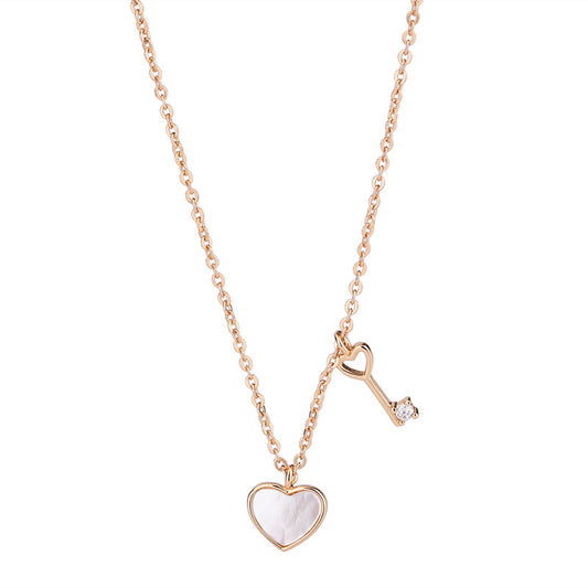 Mother of Pearl Heart Pendant with Key Silver Necklace for Women