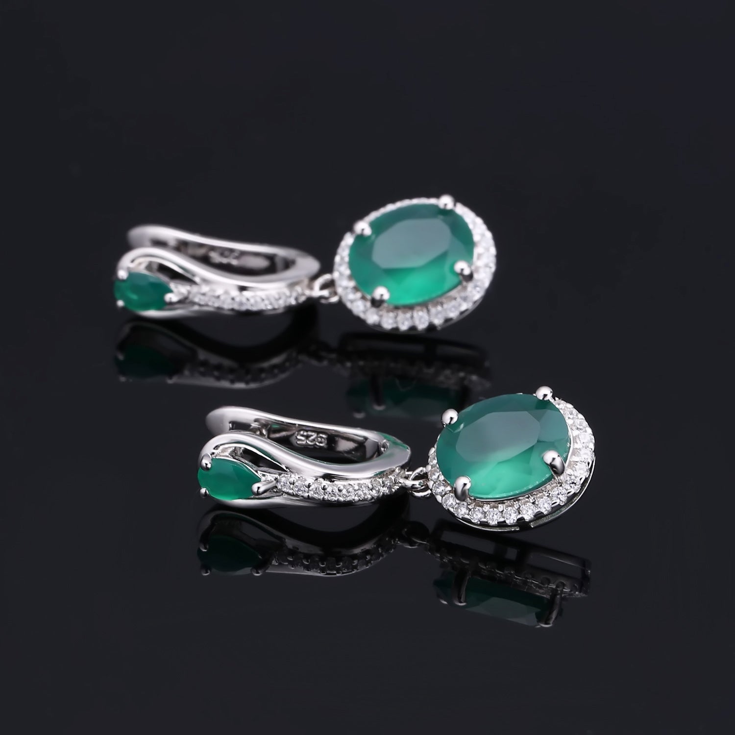 Natural Green Agate Soleste Halo Oval Shape Silver Drop Earrings for Women