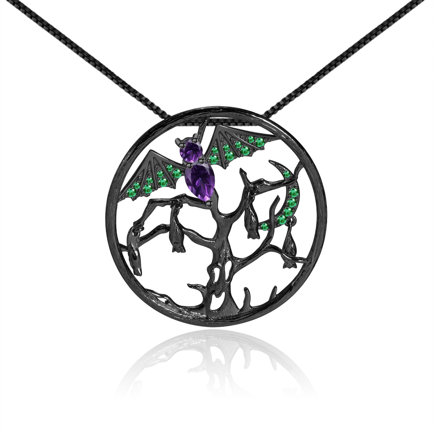 Dark Retro Design  Inlaid Green Agate with Natural Gemstone Bat Pendant Silver Necklace for Women