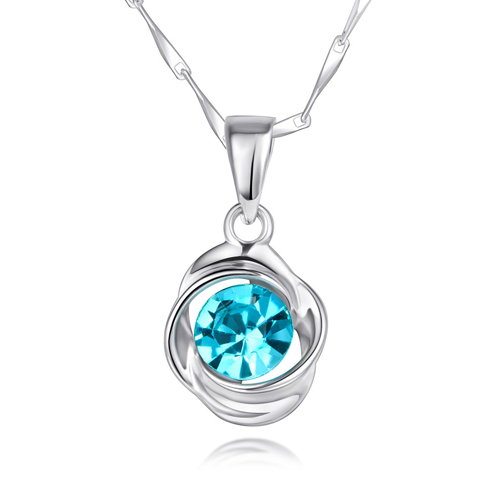 Blue Topaz Rose Petal Pendant Silver Necklace for Women