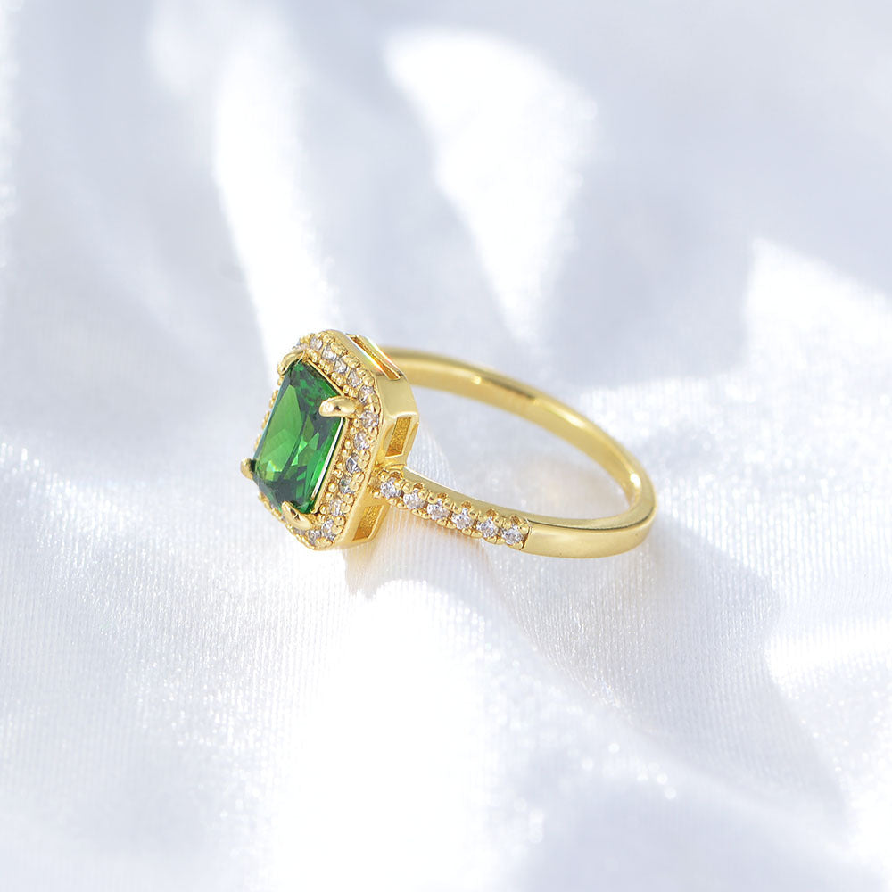 Green Zircon Emerald Shape Soleste Halo Sterling Silver Ring for Women