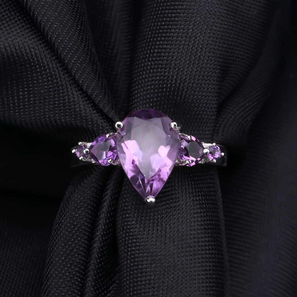European Luxury Fashion Design Inlaid Natural Amethyst Pear Drop Silver Ring for Women