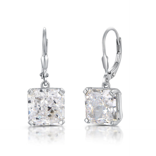 (Two Colours) Zircon 10*10mm Cushion Ice Cut Silver Drop Earrings for Women