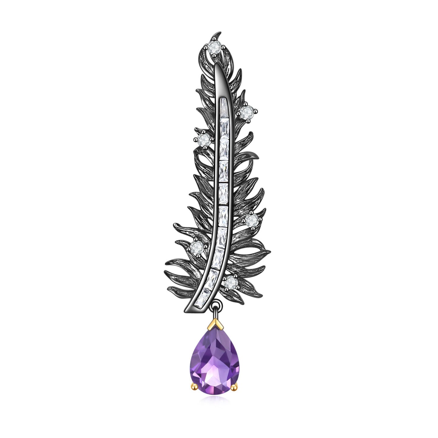 Feather Style  Natural Colourful Gemstone Brooch Pendant Dual-use Silver Necklace for Women