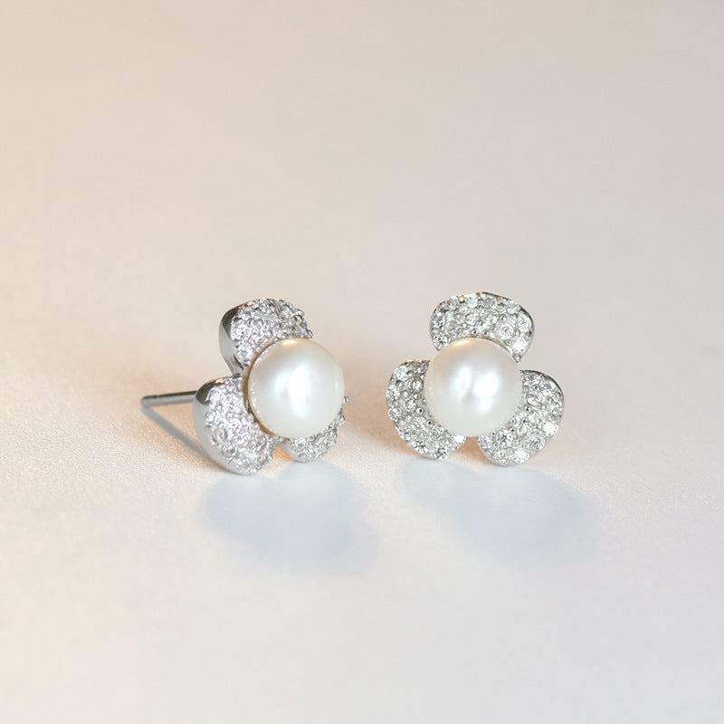 Zircon Clover Freshwater Pearl Silver Stud Earrings for Women