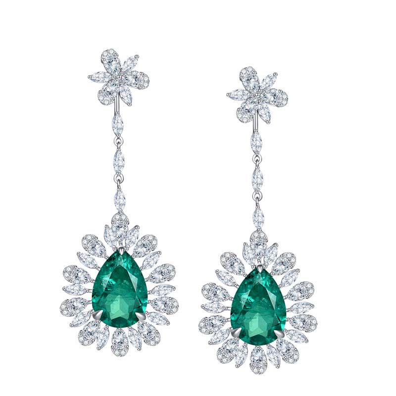 Lab-Created Emerald 10*14mm Water Drop Ice Cut Annular Petals Silver Drop Earrings for Women