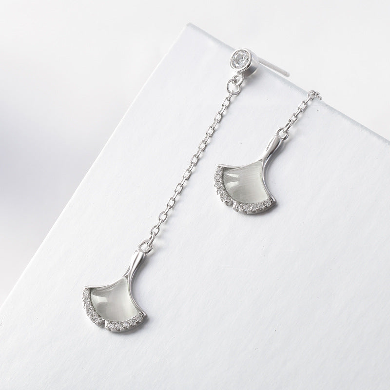Tassel Opal Stone Ginkgo Leaf Silver Drop Earrings for Women
