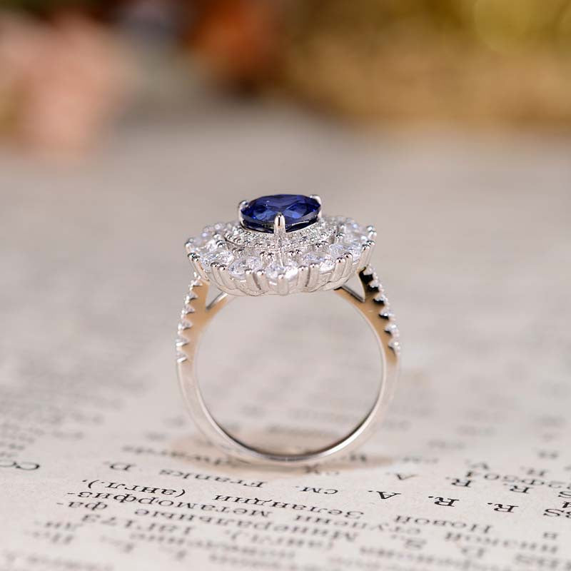 Lab-Created Sapphires 7*7mm Heart Shape Soleste Halo Silver Ring for Women