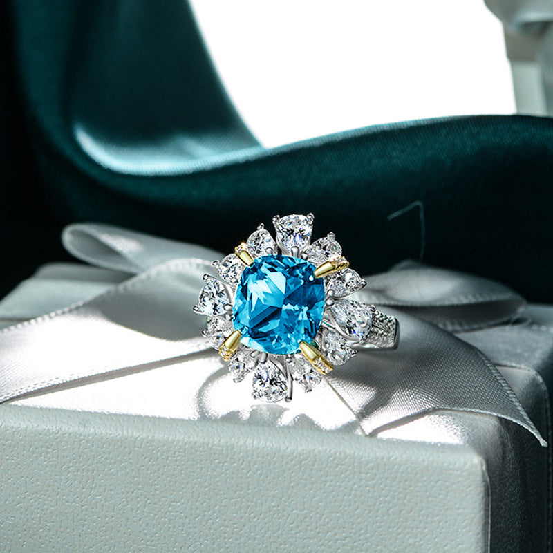 Blue Zircon 10*10mm Cushion Ice Cut Luxurious Silver Ring for Women