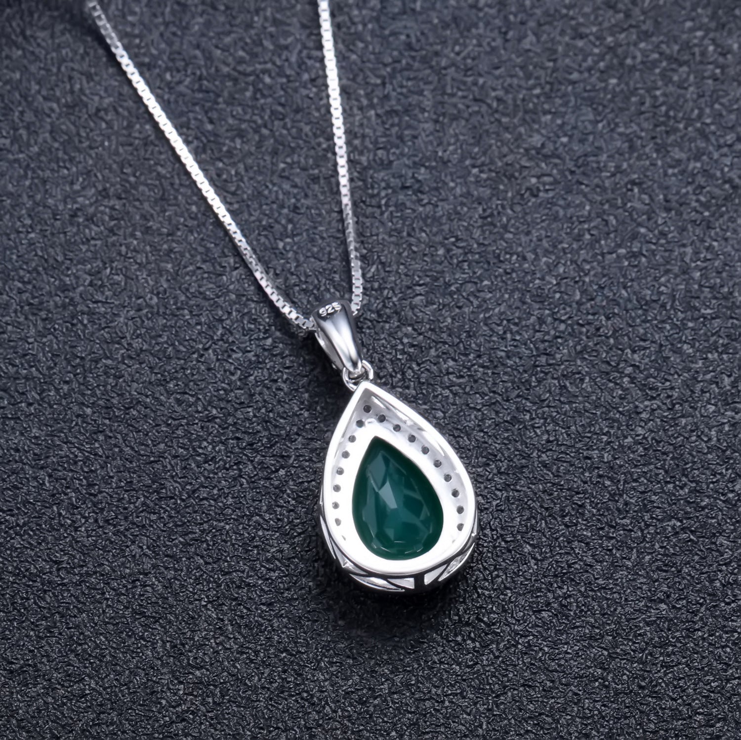European Design Inlaid Natural Green Agate Soleste Halo Pear Drop Pendant Silver Necklace for Women