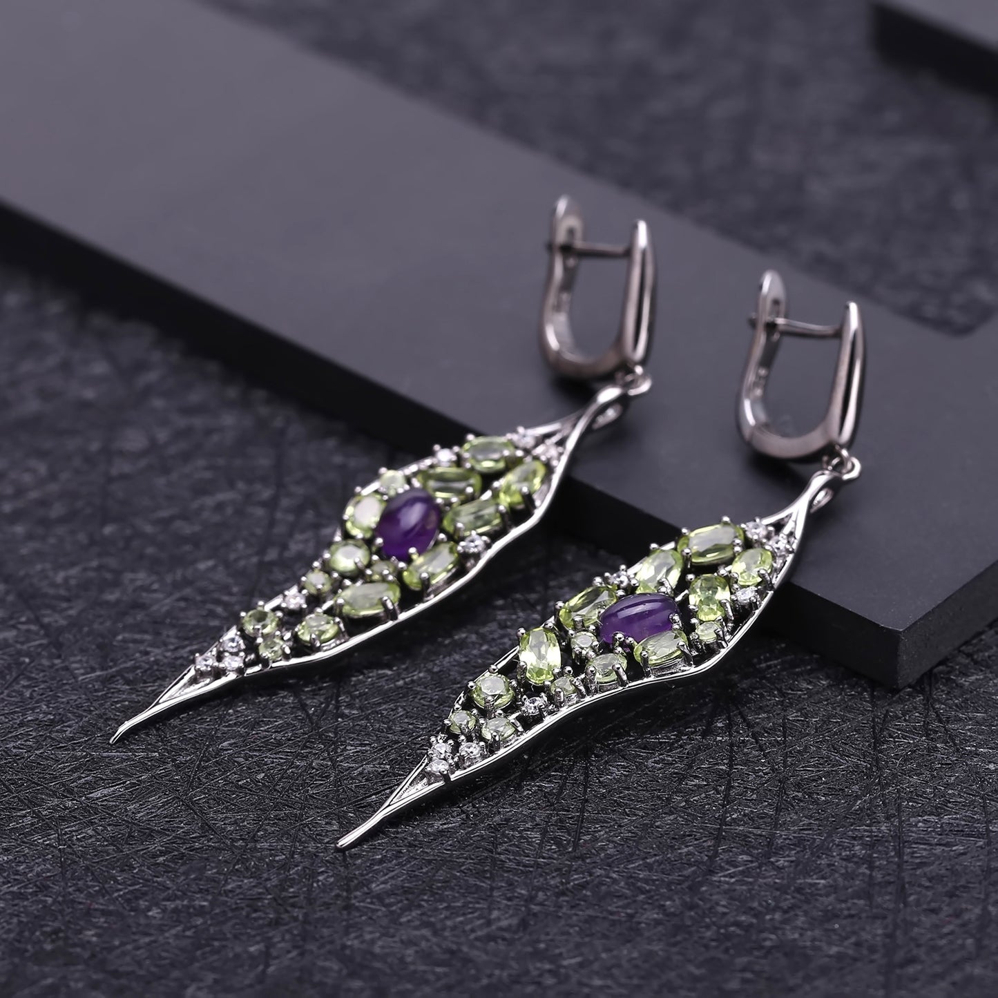 Premium Natural Style Inlaid Colourful Gemstone Leaf Shape Silver Drop Earrings for Women