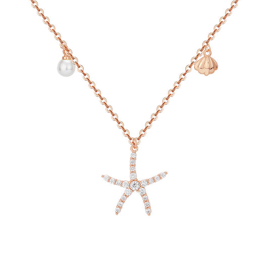 Zircon Starfish Pendant with Pearl Silver Necklace for Women