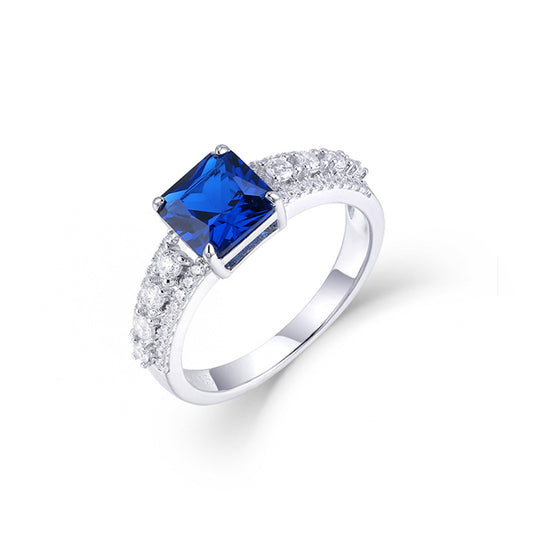 7*7mm Square Blue Crystal with Round Zircon Cathedral Silver Ring for Women