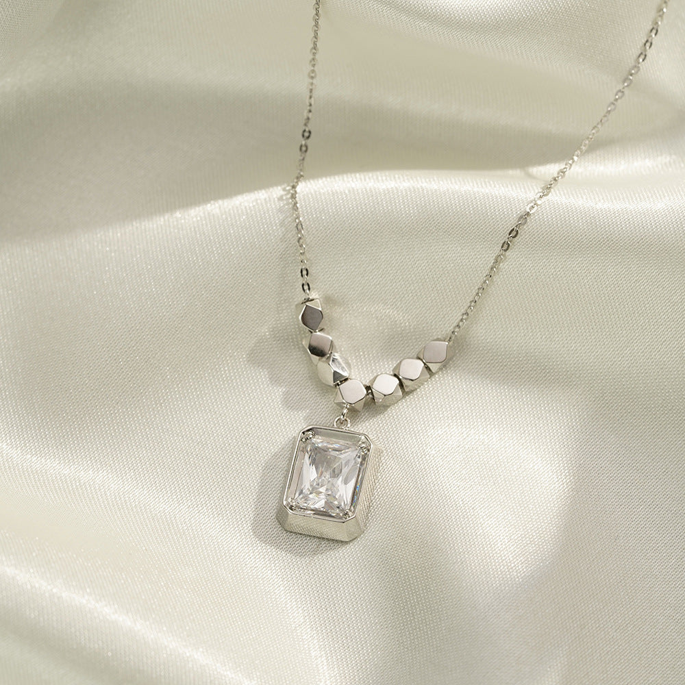 (Two Colours) White Zircon Rectangle Pendants 925 Silver Collarbone Necklace for Women