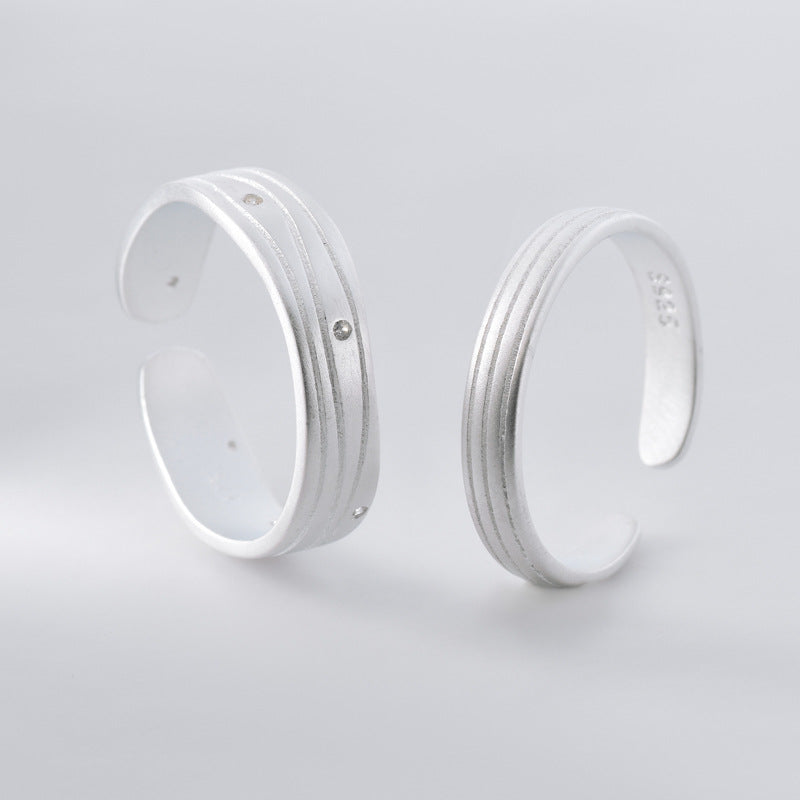 Sandblasting Corrugated Lines Pattern Silver Couple Ring