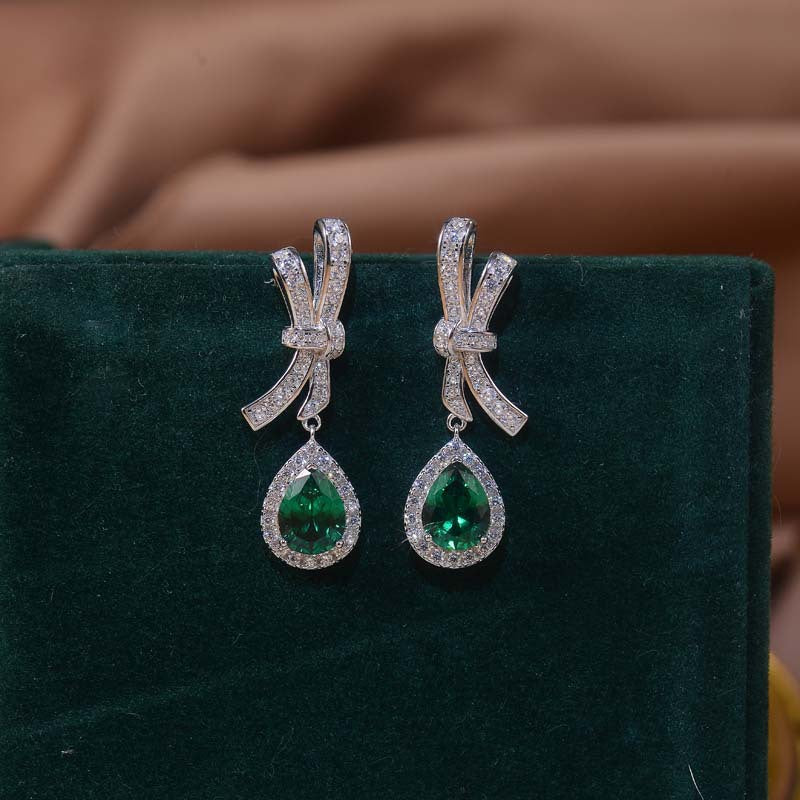 Lab Created Emerald 6*8mm - Platinum Plated - Drop Silver Earring for Women