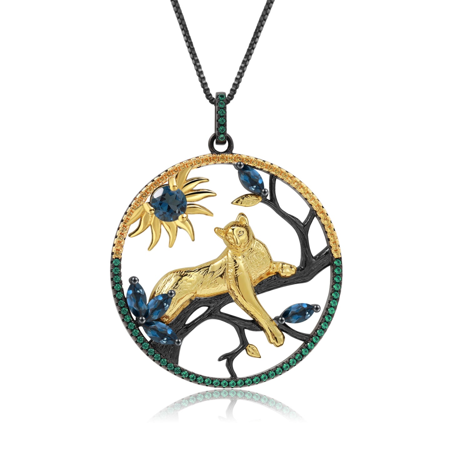 Premium Design Animal Element Inlaid Natural Colourful Gemstone Leopard Pendant Silver Necklace for Women