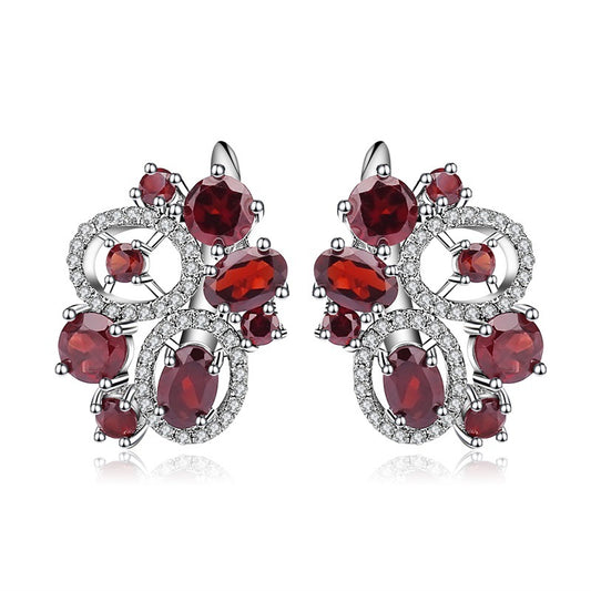 Italian Craft Fashion Style Group Inlaid Natural Oval Shape Garnet Stones Silver Studs Earrings for Women