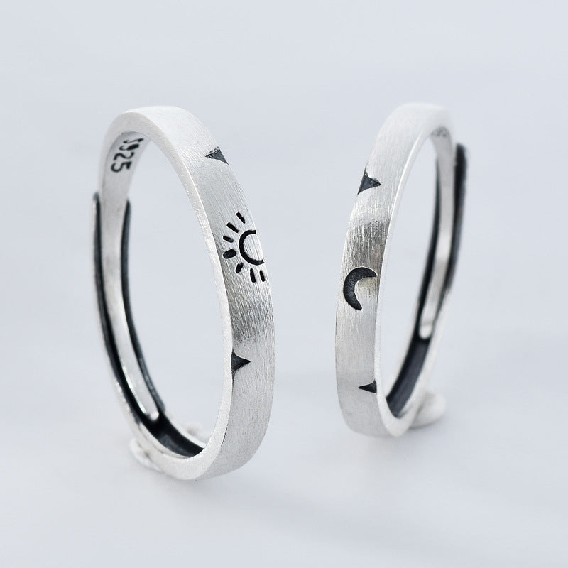 Sun Moon Pattern Brushed Finish Silver Couple Ring