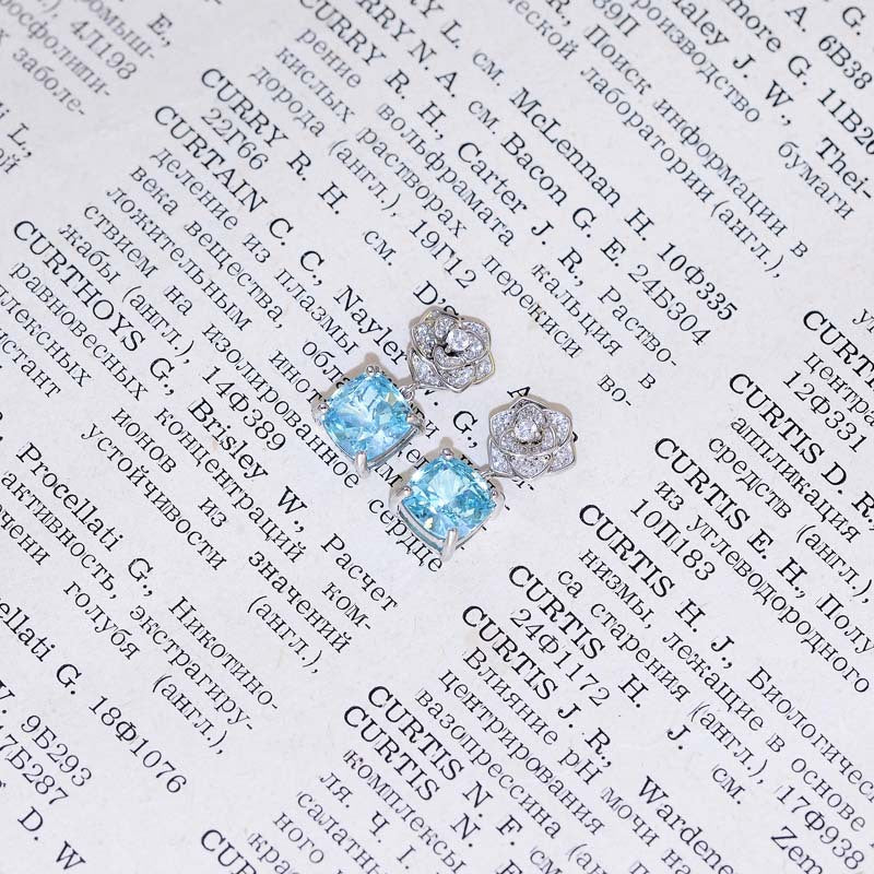 Sea Blue Zircon 8*8mm Cushion Ice Cut Camellia Silver Drop Earrings for Women