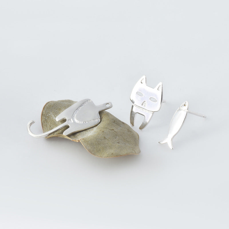 Cat and Fish Split Asymmetric Silver Stud Earrings for Women