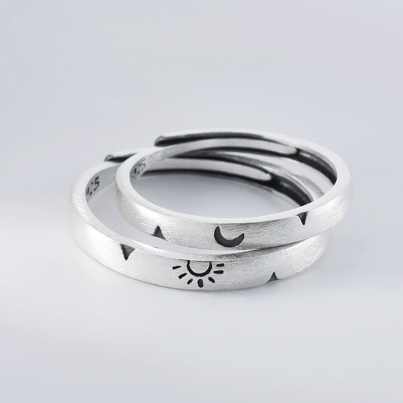 Sun Moon Pattern Brushed Finish Silver Couple Ring